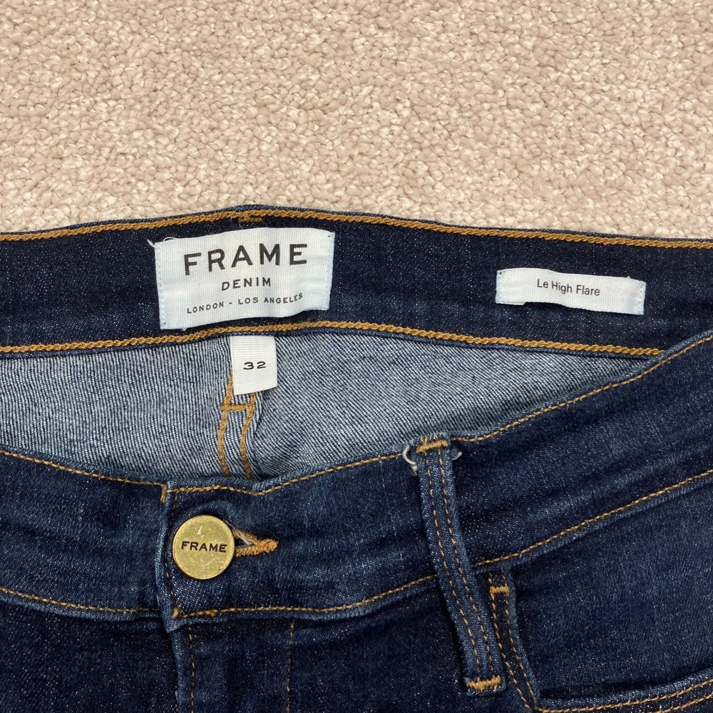 FRAME Denim Le High Flare Jeans Womens 32 x 32 Dark Blue Wash Stretch USA Made - Picture 3 of 10